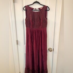 Calypso St. Barth Burgundy Embroidered Maxi Dress Boho 100% Silk  Size M
